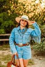 Load image into Gallery viewer, Cowboy Take Me Away - Denim Fringe Romper