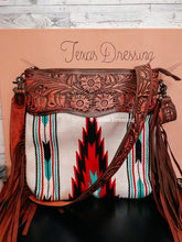 Cargar imagen en el visor de la galería, Apache Forest Snowfall - Tooled Leather Saddle Blanket Crossbody W/ Leather Fringe