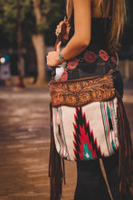 Cargar imagen en el visor de la galería, Apache Forest Snowfall - Tooled Leather Saddle Blanket Crossbody W/ Leather Fringe