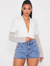 Load image into Gallery viewer, Don&#39;t Be A Prick - Rhinestone Mesh Cropped Blazer In White