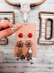 Red (coral) and Silver Cow Tag Earring Trio