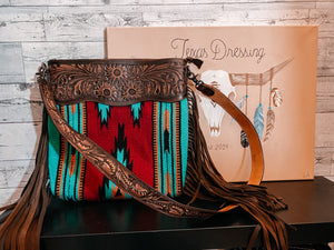 Apache Forest - Tooled Leather Saddle Blanket Crossbody W/ Leather Fringe