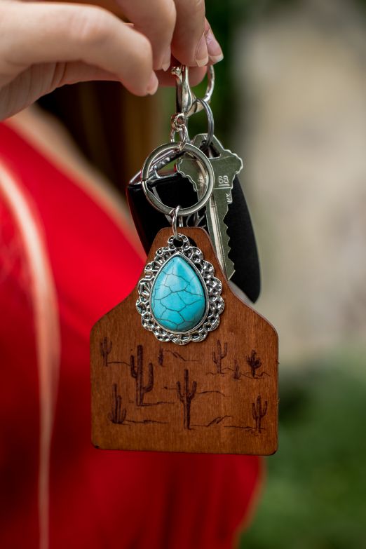 Wooden Cow Tag Keychain - Turquoise Desert