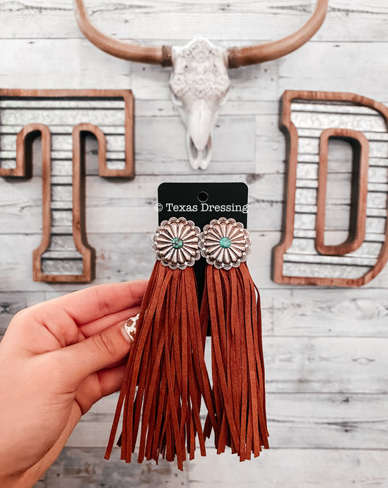 Trail Blazer Concho Stud Tassel Earrings - Brown