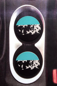 Turquoise & Cow Print Car Coasters