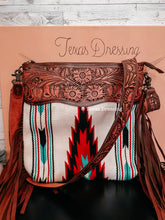 Load image into Gallery viewer, Apache Forest Snowfall - Tooled Leather Saddle Blanket Crossbody W/ Leather Fringe