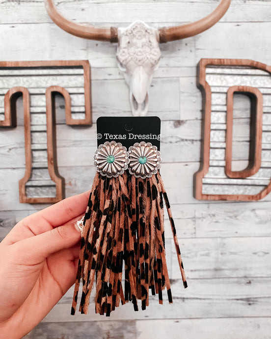 Trail Blazer Concho Stud Tassel Earrings - Leopard