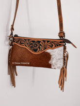 Load image into Gallery viewer, Mae - Tan/Brown Tooled Leather Cowhide Fringe Small Crossbody