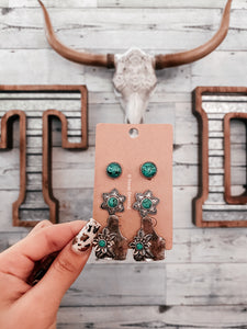 Turquoise Silver Cow Tag Earring Trio