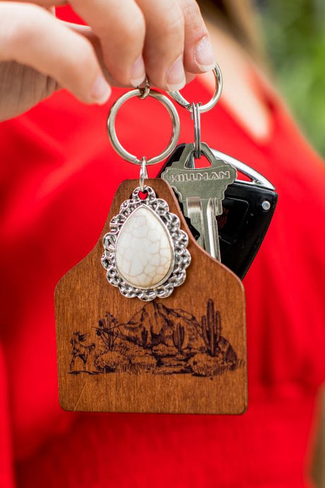 Wooden Cow Tag Keychain - Ivory Mountain Scene