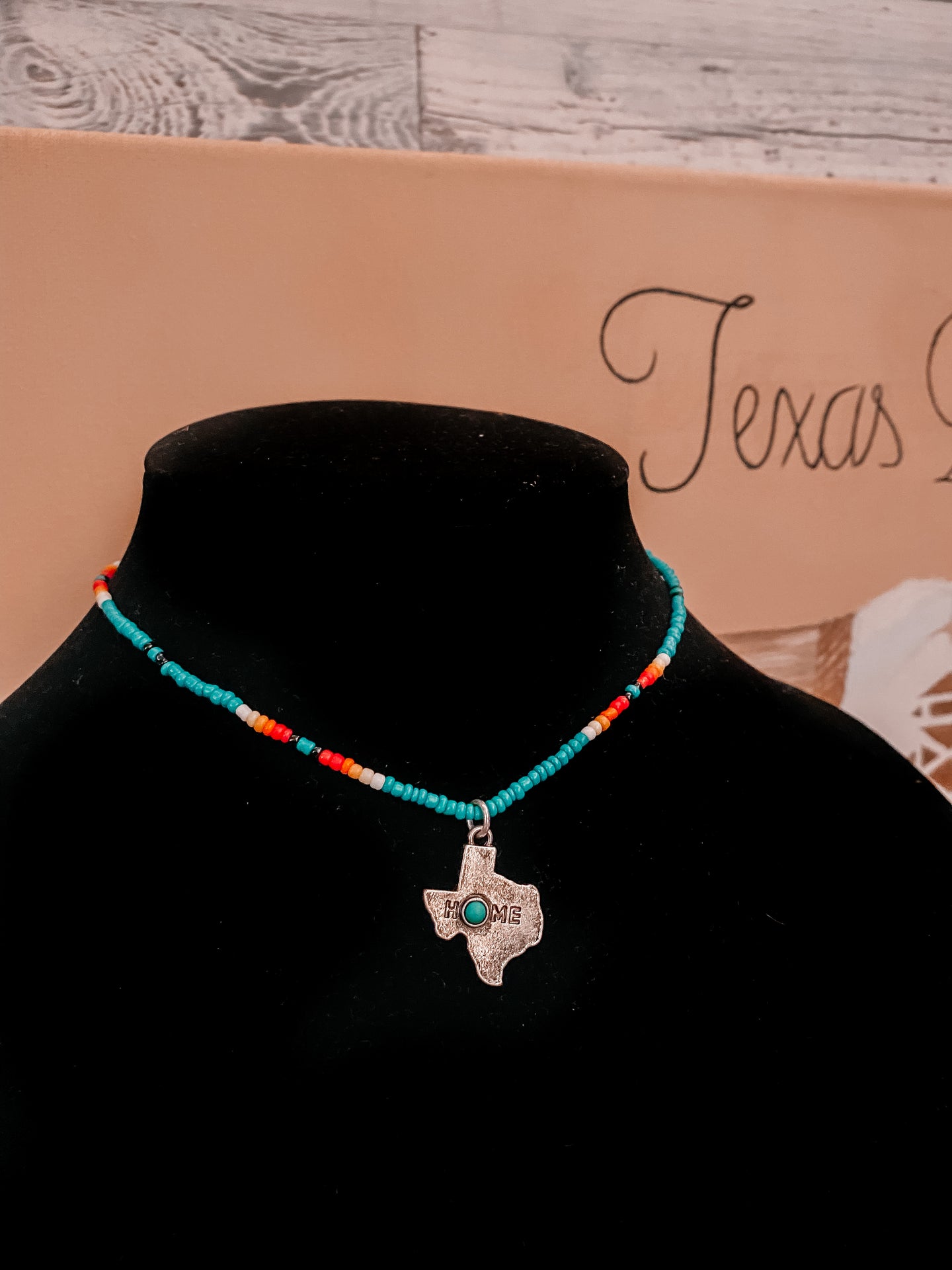 Texas Map “Home” Beaded Necklace - turquoise